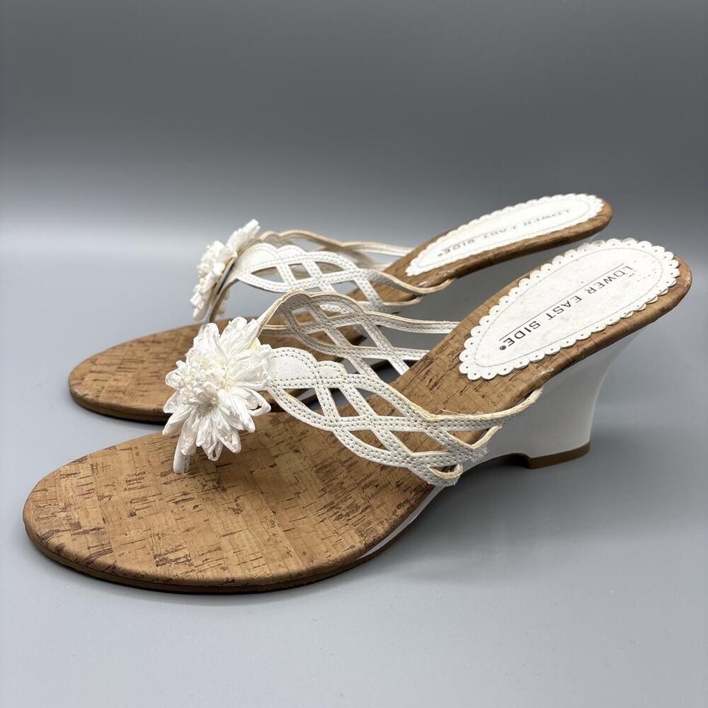 White Cork Wedge Sandals Womens Size 12 Flower Mules Thongs Heels Bridal Wedding